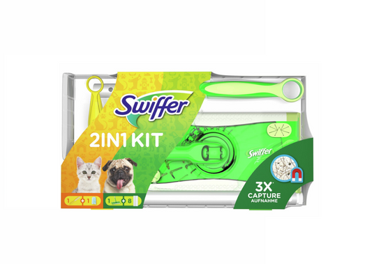 Swiffer Kit Čistič podlah + suché ubrousky na podlahu a prachovka + náplň Ideální pro domácí mazlíčky